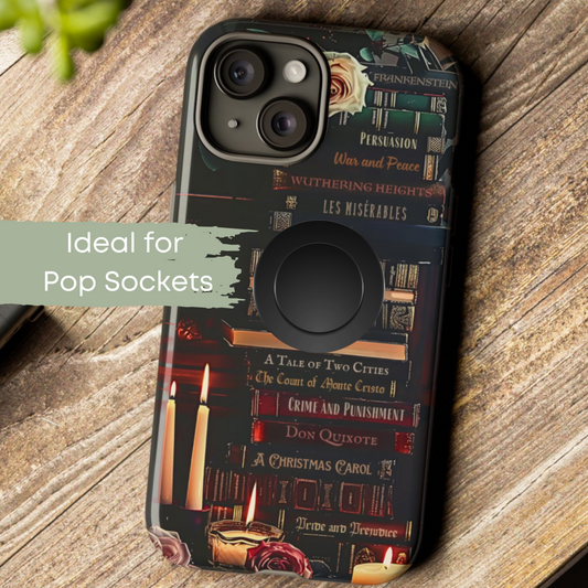 Nocturnal Study - Personalisierte Lieblingsbuch-Handyhülle für Pop Socket-Nutzung mit individuellem Bücherregal mit Dark Academia-Flair